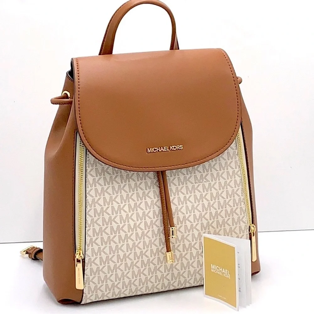 Michael Kors Phoebe 35F2G8PB2B Flap Drawstring Backpack Vanilla Signature NWT
